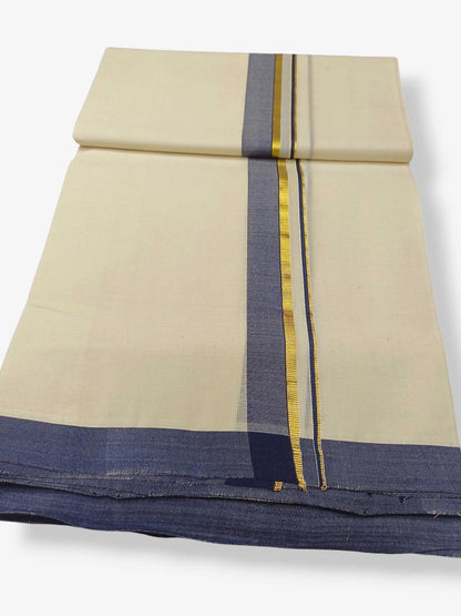 Balaramapuram Handloom Double Mundu Pure Cotton with Navy Blue Border