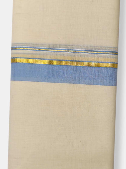 Balaramapuram Handloom Double Mundu Pure Cotton with Ocean Blue Border