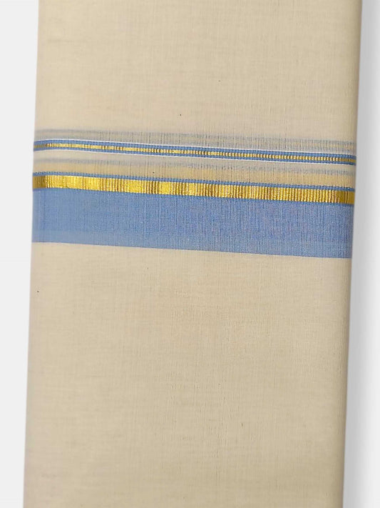 Balaramapuram Handloom Double Mundu Pure Cotton with Ocean Blue Border