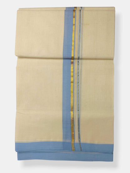 Balaramapuram Handloom Double Mundu Pure Cotton with Ocean Blue Border