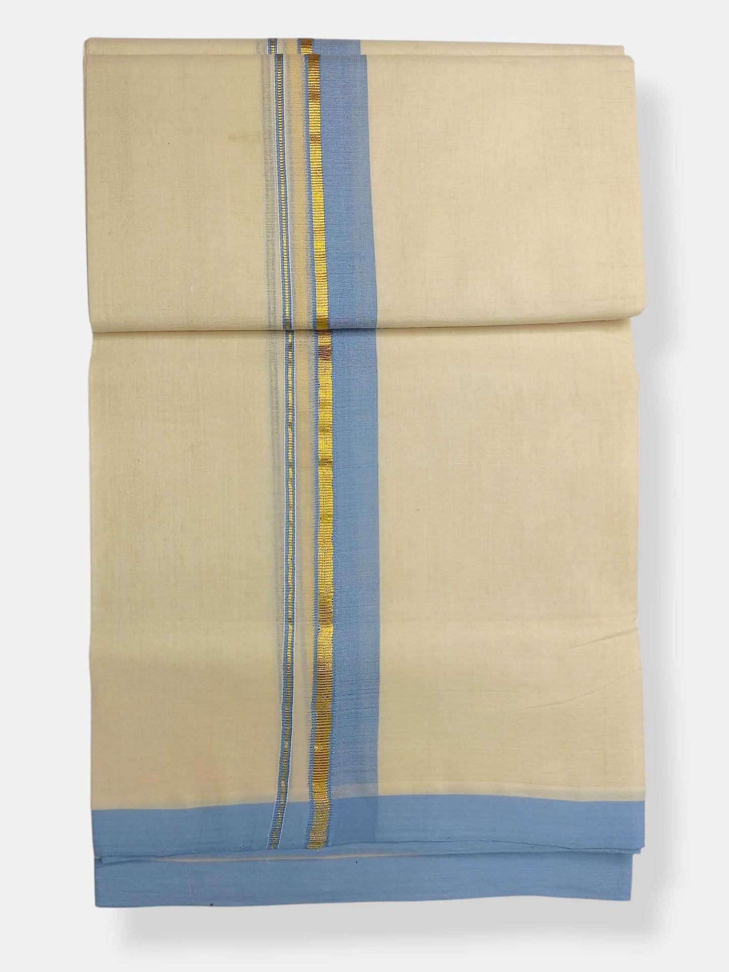 Balaramapuram Handloom Double Mundu Pure Cotton with Ocean Blue Border