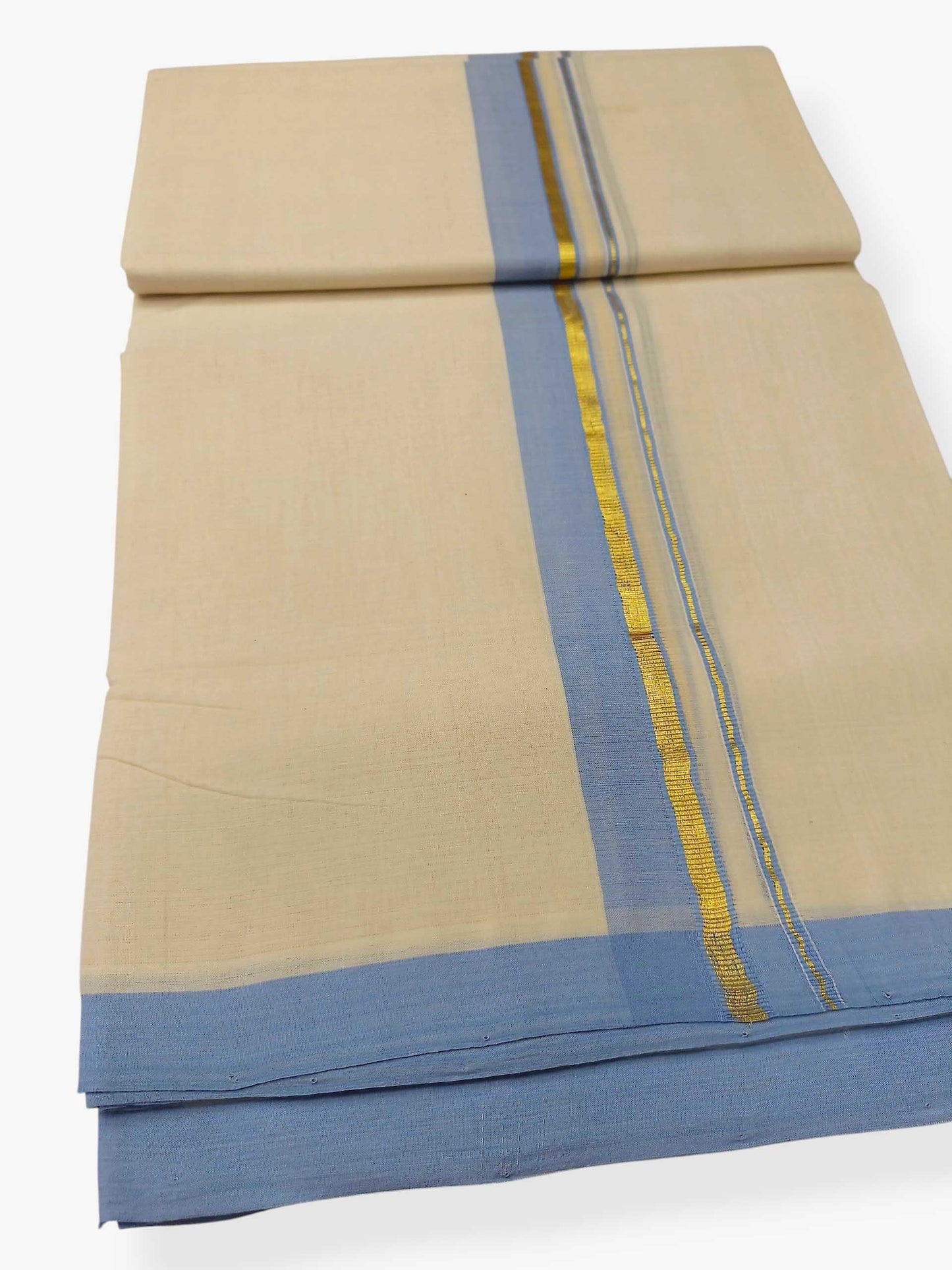 Balaramapuram Handloom Double Mundu Pure Cotton with Ocean Blue Border