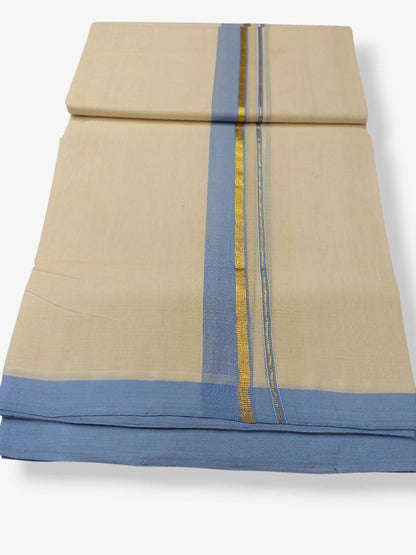 Balaramapuram Handloom Double Mundu Pure Cotton with Ocean Blue Border