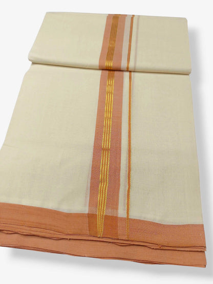 Balaramapuram Handloom Double Mundu Pure Cotton with Peach Border