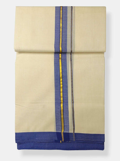 Balaramapuram Handloom Double Mundu Pure Cotton with Navy Blue Border