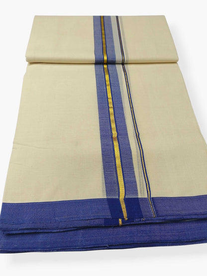Balaramapuram Handloom Double Mundu Pure Cotton with Navy Blue Border