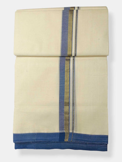 Balaramapuram Handloom Double Mundu Pure Cotton with Blue Border