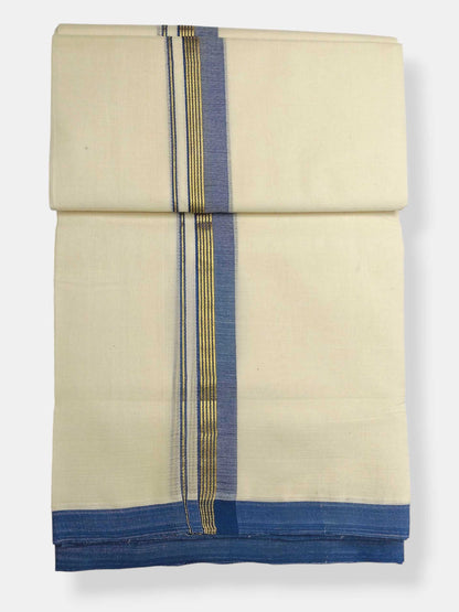 Balaramapuram Handloom Double Mundu Pure Cotton with Blue Border