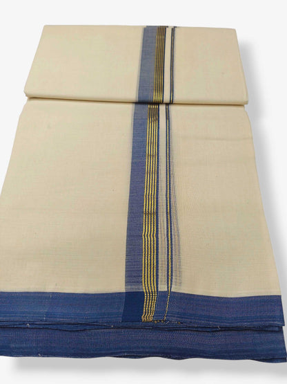 Balaramapuram Handloom Double Mundu Pure Cotton with Blue Border