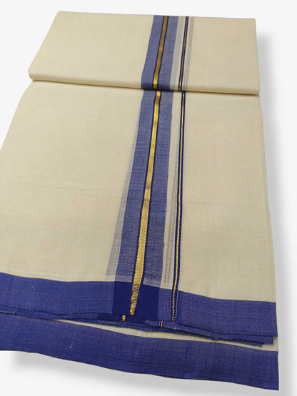 Balaramapuram Handloom Double Mundu Pure Cotton with Blue Border