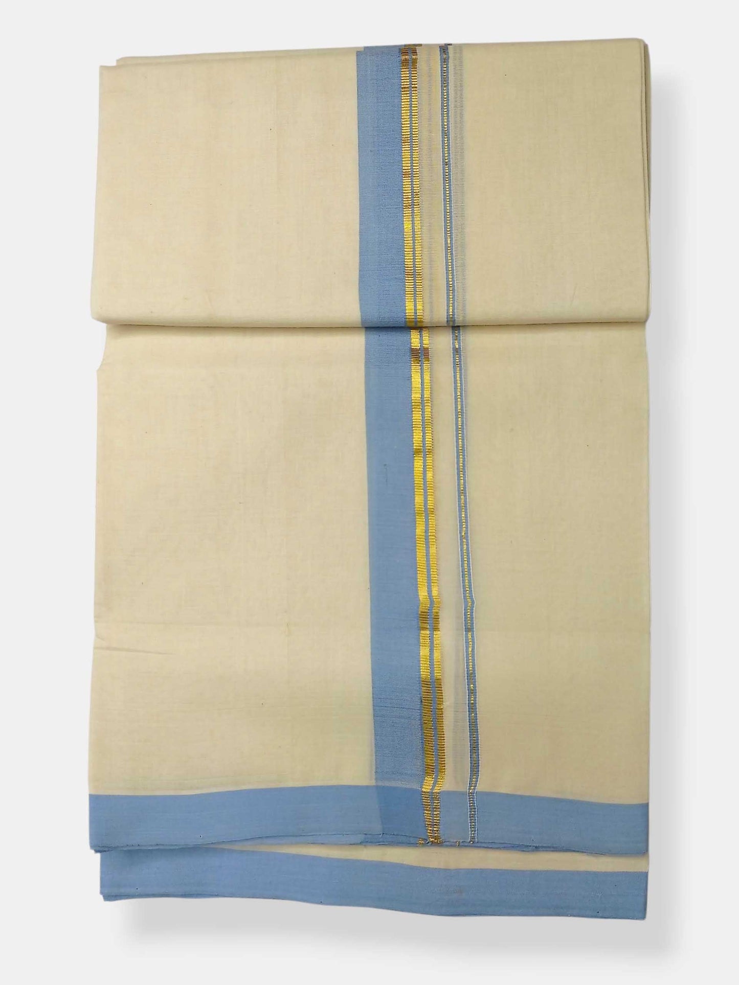 Balaramapuram Handloom Double Mundu Pure Cotton with Ocean Blue Border