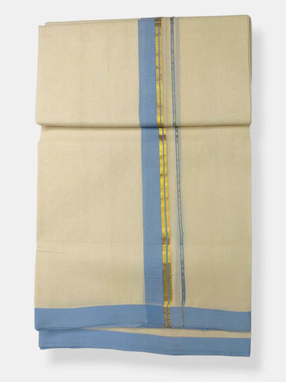 Balaramapuram Handloom Double Mundu Pure Cotton with Ocean Blue Border