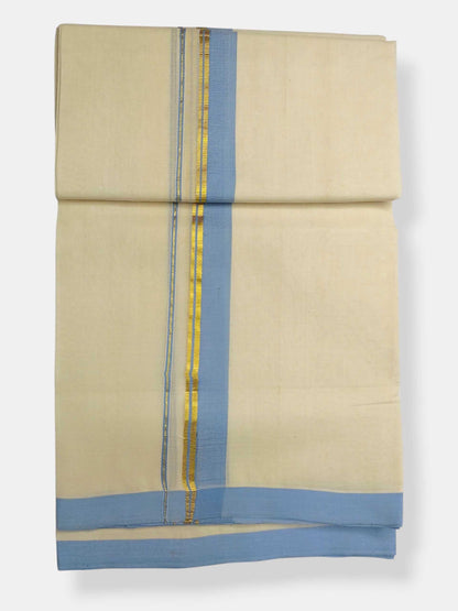 Balaramapuram Handloom Double Mundu Pure Cotton with Ocean Blue Border