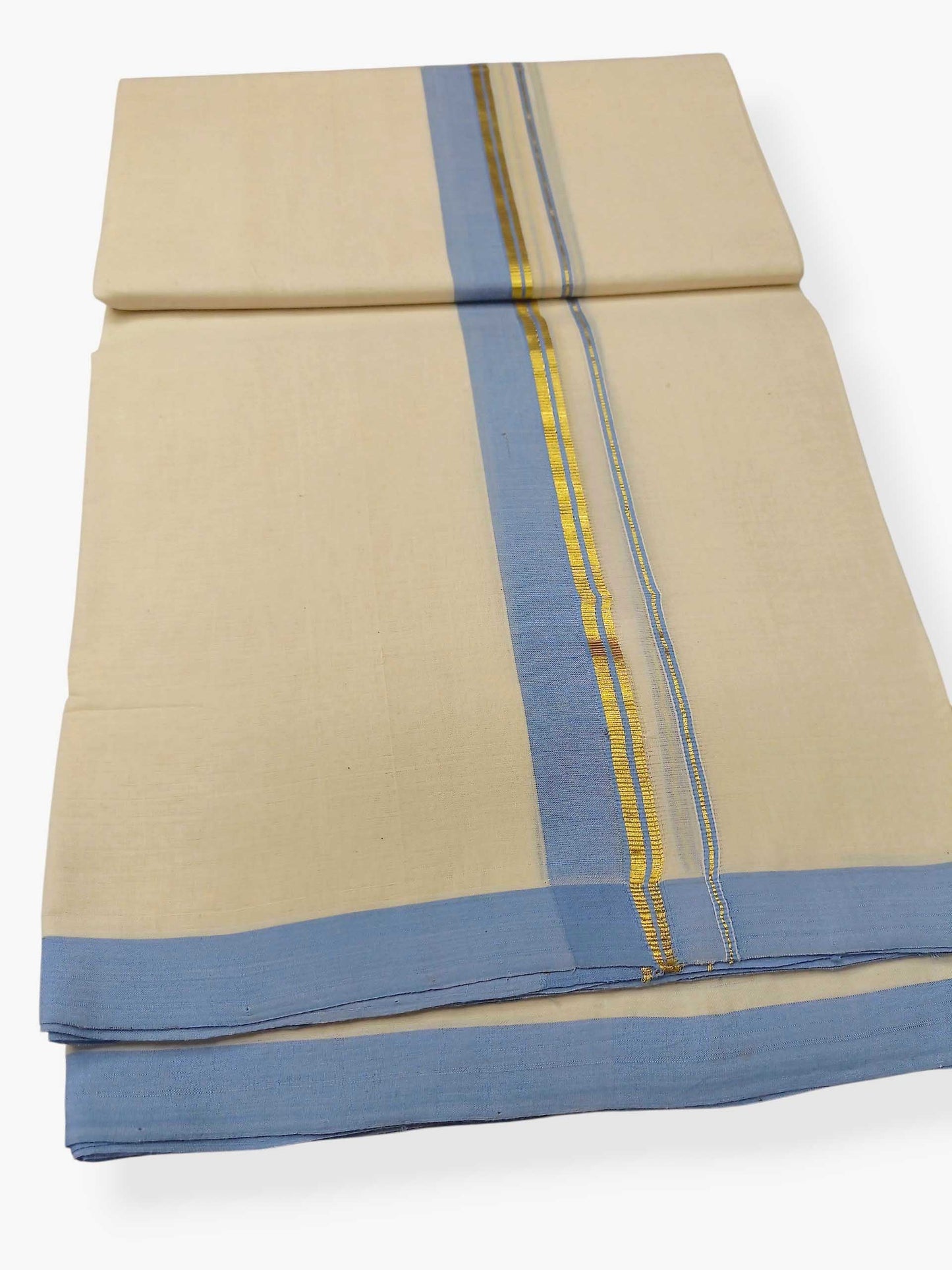Balaramapuram Handloom Double Mundu Pure Cotton with Ocean Blue Border