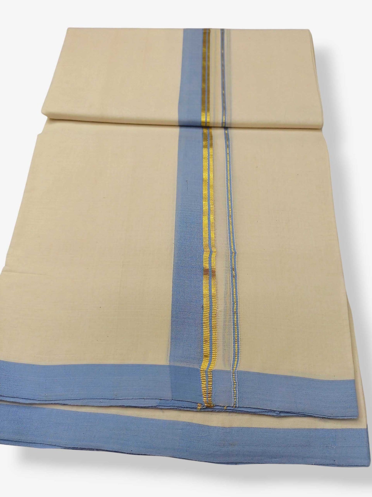 Balaramapuram Handloom Double Mundu Pure Cotton with Ocean Blue Border