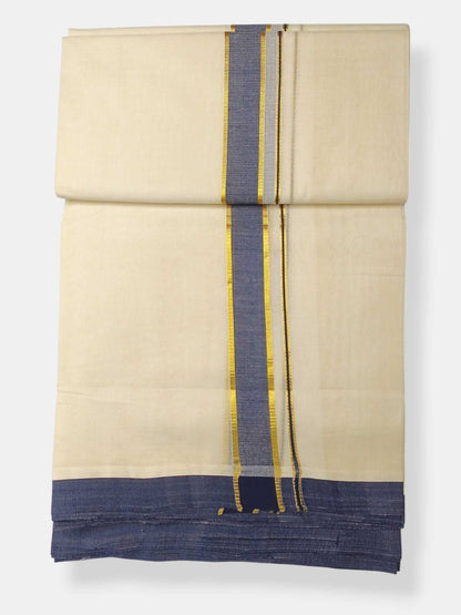 Balaramapuram Handloom Double Mundu Pure Cotton with Blue Border