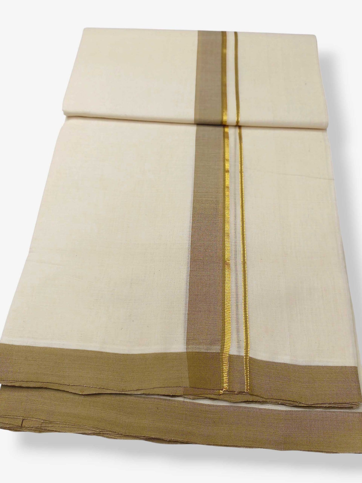 Balaramapuram Handloom Double Mundu Pure Cotton with Khakhi Border