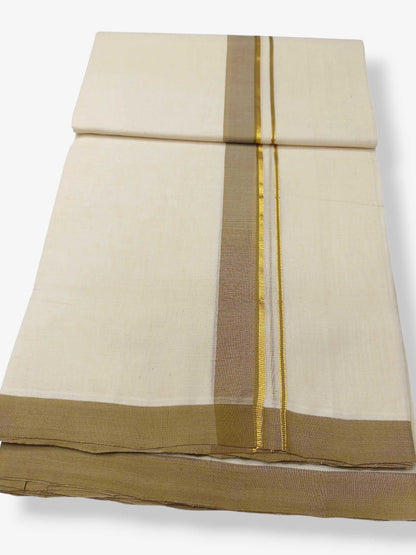Balaramapuram Handloom Double Mundu Pure Cotton with Khakhi Border