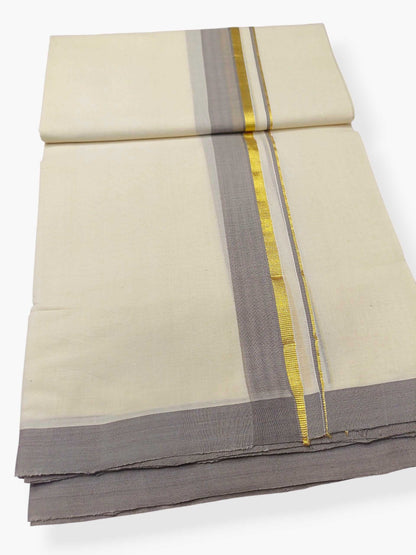 Balaramapuram Handloom Double Mundu Pure Cotton with Ash Border