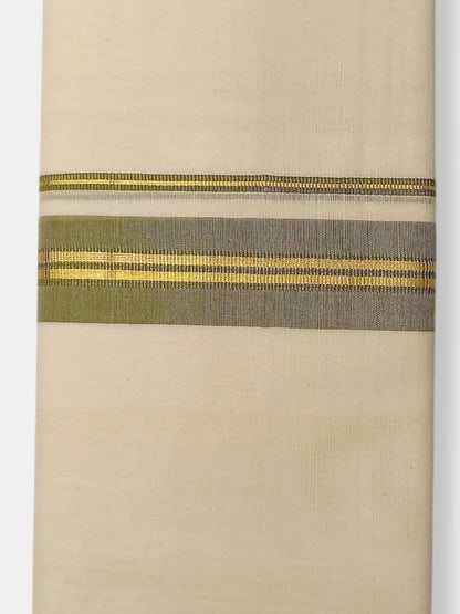 Balaramapuram Handloom Double Mundu Pure Cotton with Olive Green Border