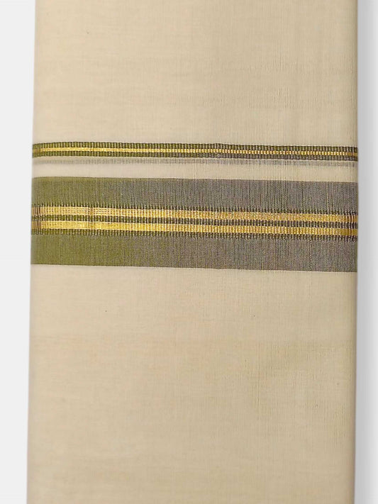 Balaramapuram Handloom Double Mundu Pure Cotton with Olive Green Border