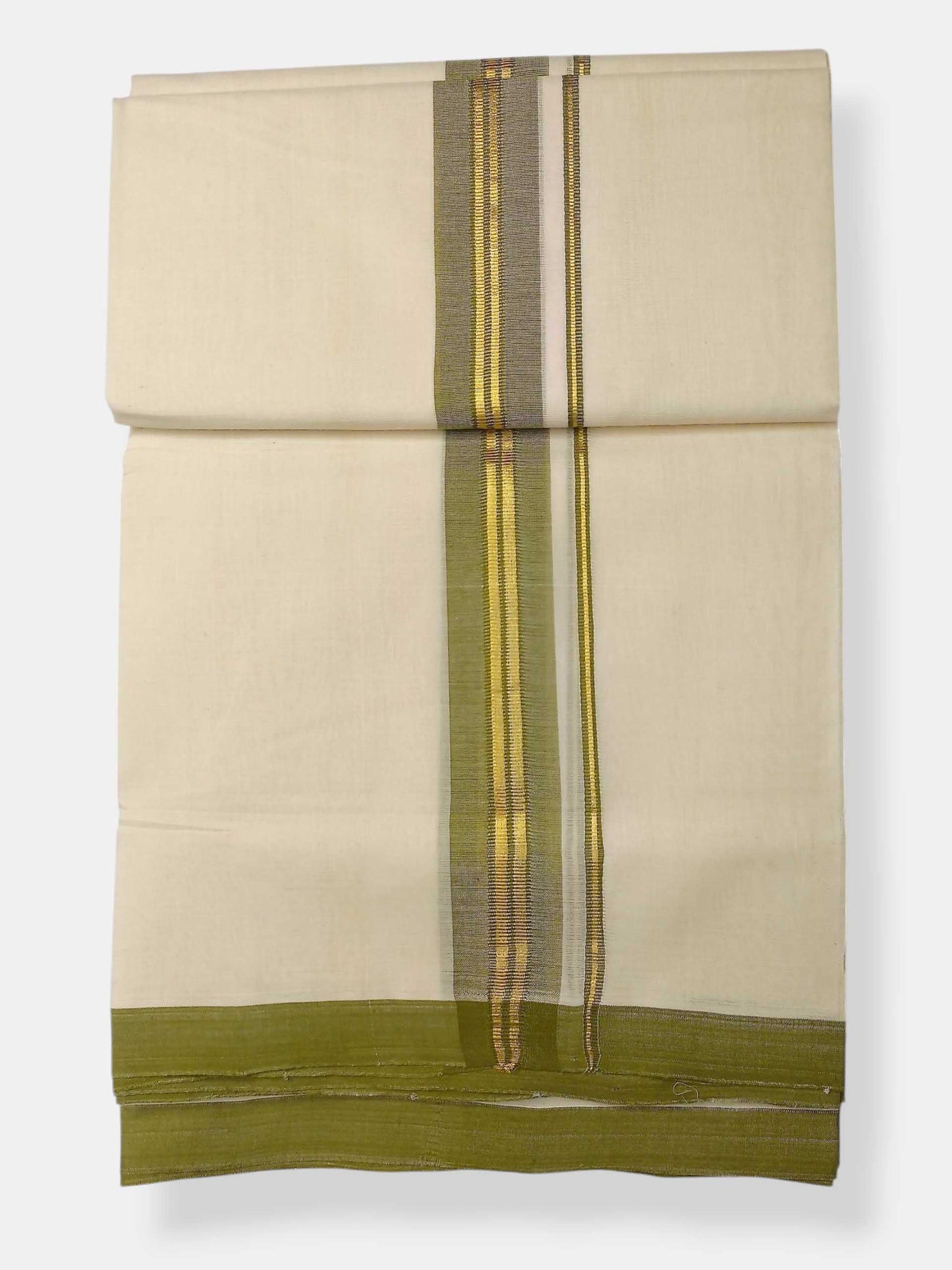 Balaramapuram Handloom Double Mundu Pure Cotton with Olive Green Border