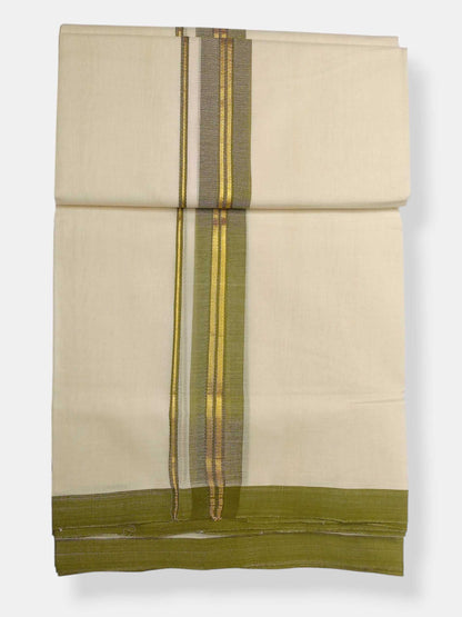 Balaramapuram Handloom Double Mundu Pure Cotton with Olive Green Border