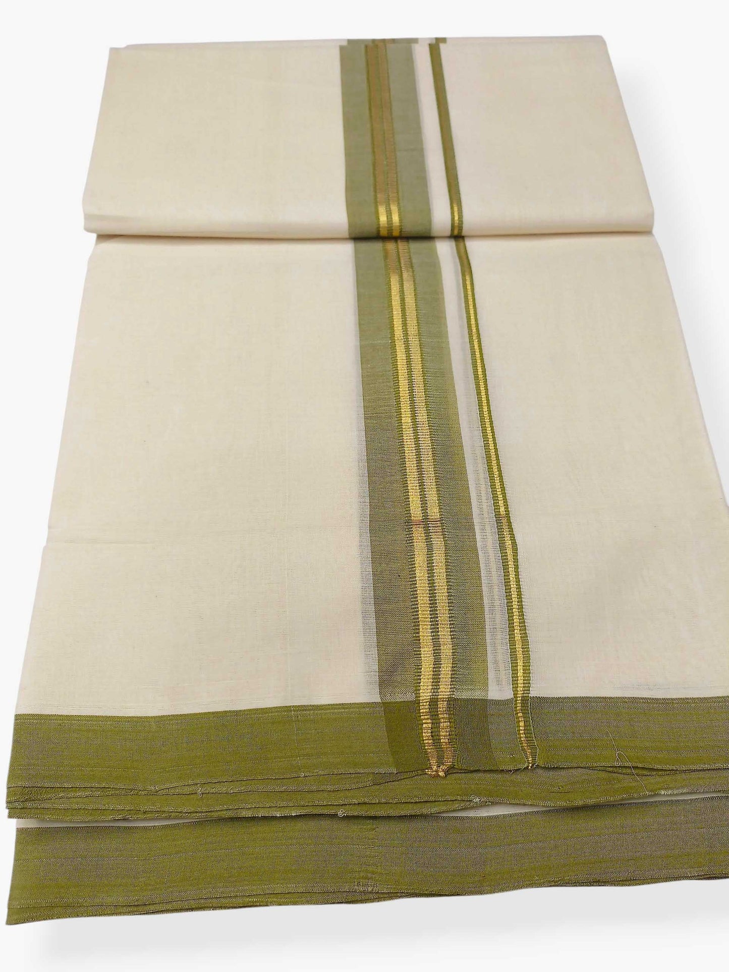 Balaramapuram Handloom Double Mundu Pure Cotton with Olive Green Border