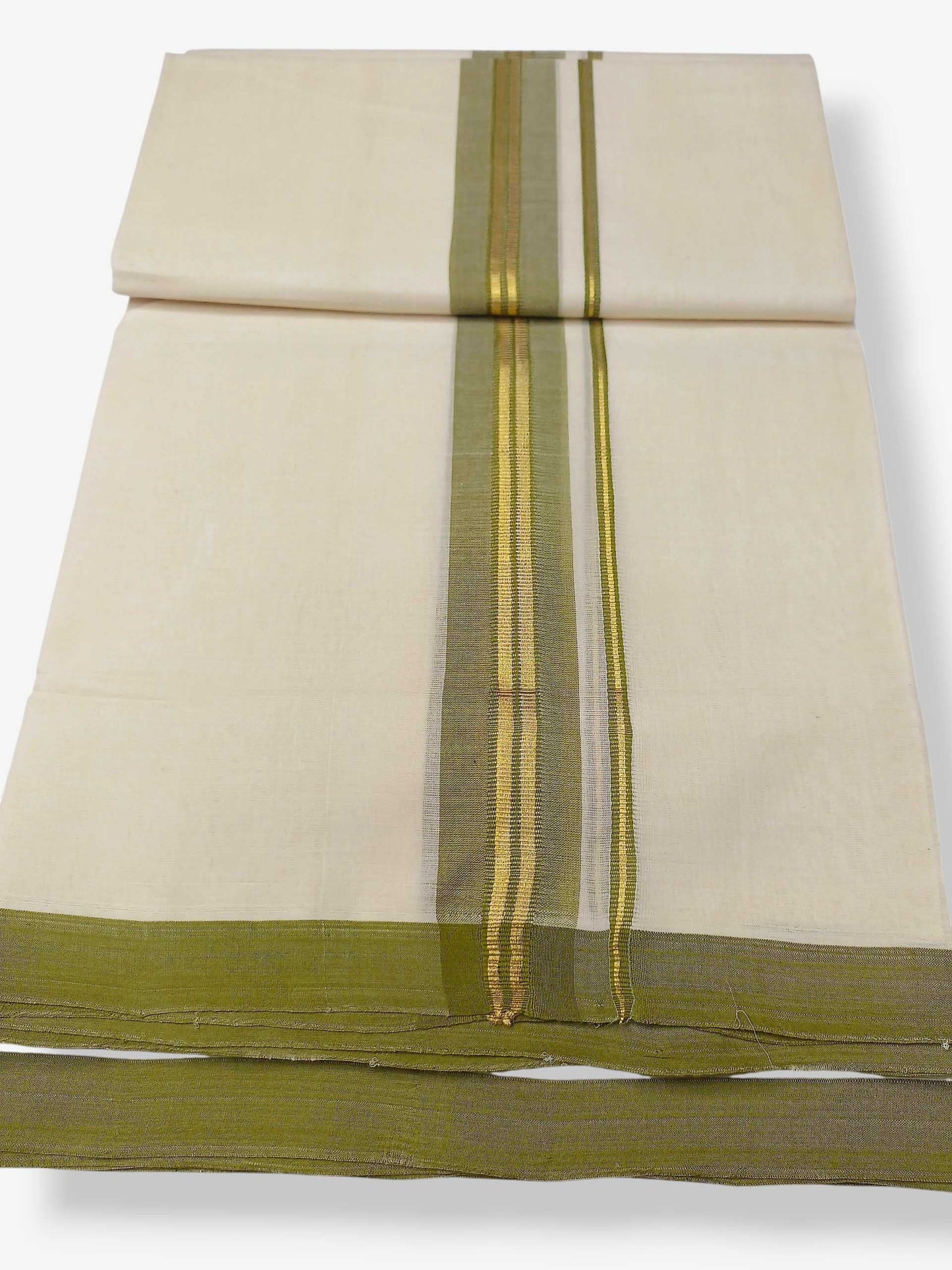 Balaramapuram Handloom Double Mundu Pure Cotton with Olive Green Border
