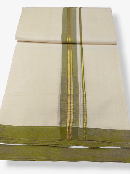 Balaramapuram Handloom Double Mundu Pure Cotton with Olive Green Border