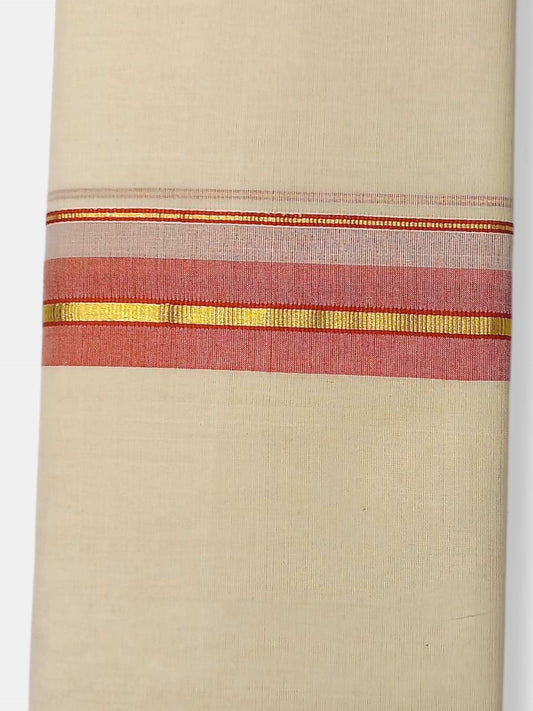 Balaramapuram Handloom Double Mundu Pure Cotton with Salmon Border