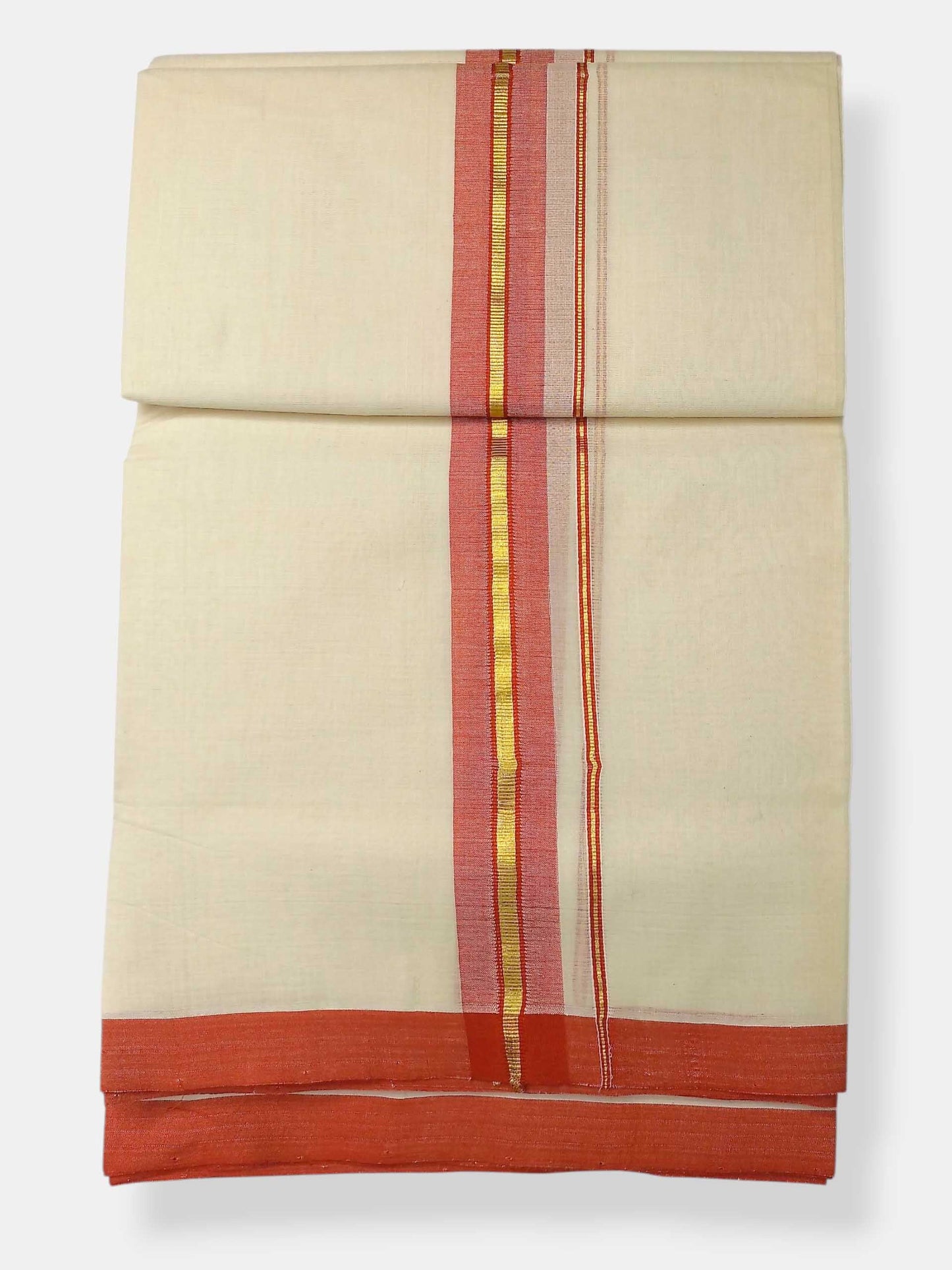 Balaramapuram Handloom Double Mundu Pure Cotton with Salmon Border