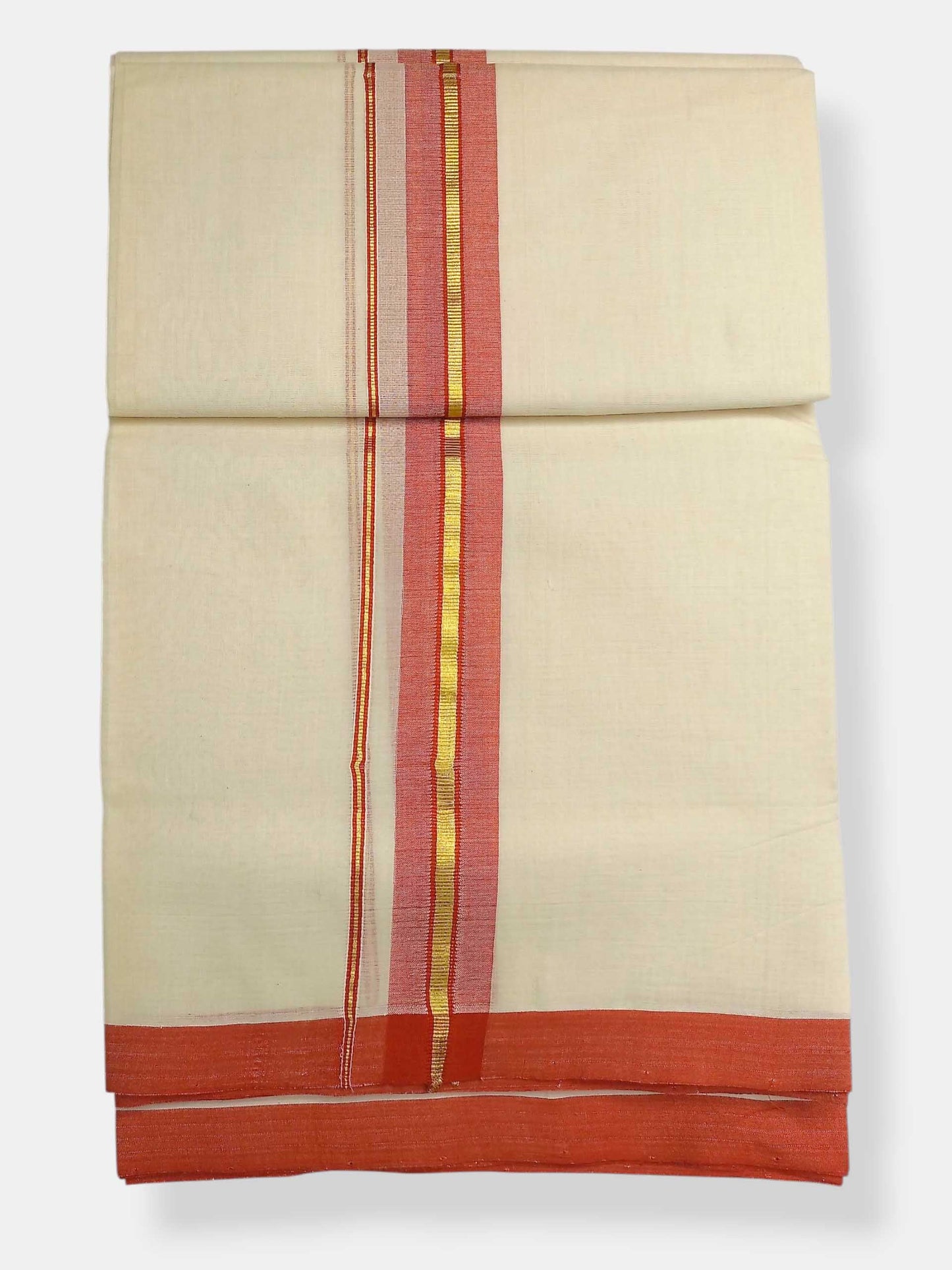 Balaramapuram Handloom Double Mundu Pure Cotton with Salmon Border