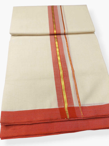 Balaramapuram Handloom Double Mundu Pure Cotton with Salmon Border