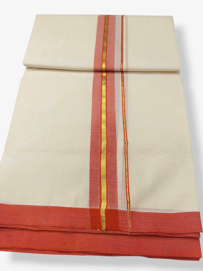 Balaramapuram Handloom Double Mundu Pure Cotton with Salmon Border