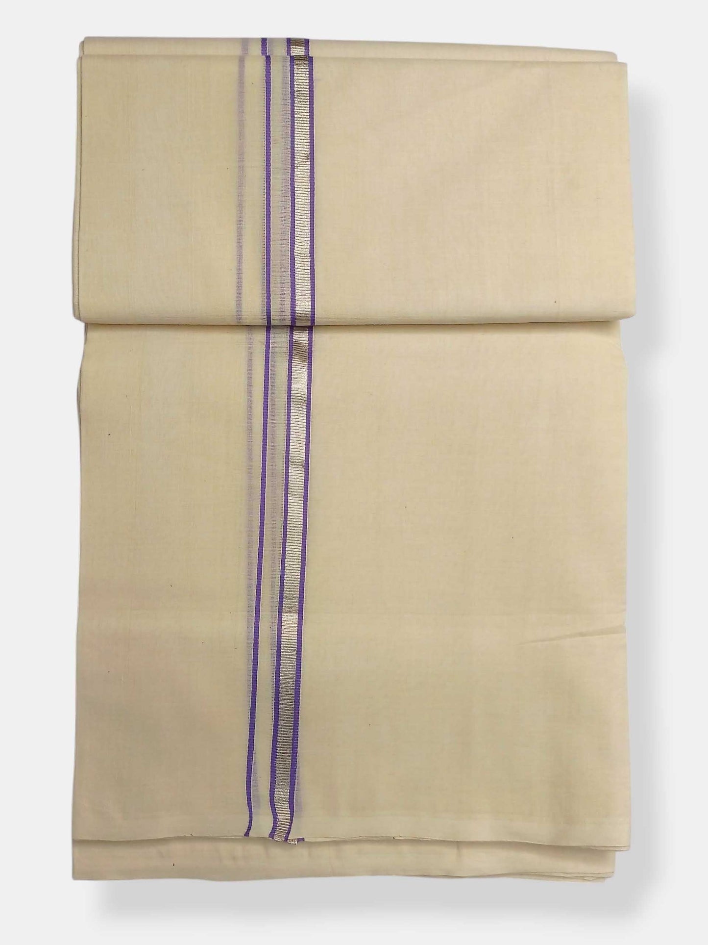 Balaramapuram Handloom Double Mundu Pure Cotton with Lavender Border