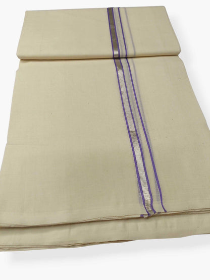 Balaramapuram Handloom Double Mundu Pure Cotton with Lavender Border