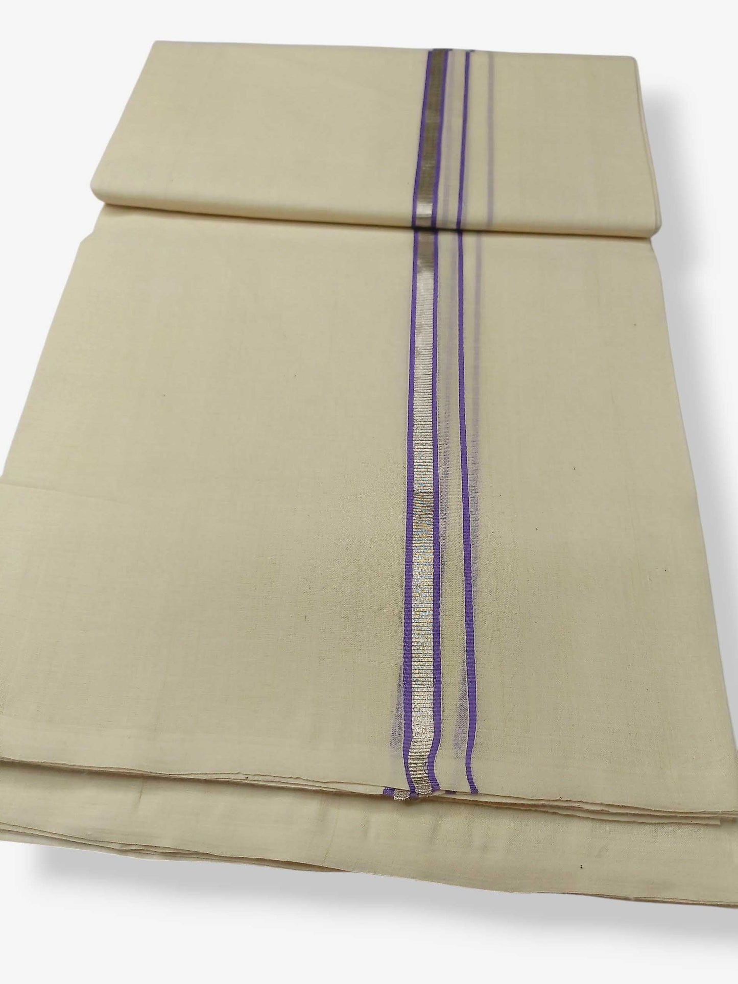 Balaramapuram Handloom Double Mundu Pure Cotton with Lavender Border
