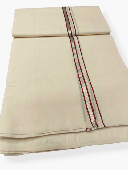 Balaramapuram Handloom Double Mundu Pure Cotton with Maroon Border