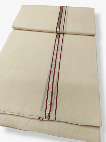 Balaramapuram Handloom Double Mundu Pure Cotton with Maroon Border