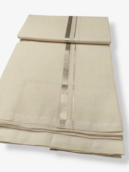 Balaramapuram Handloom Double Mundu Pure Cotton with Silver Border