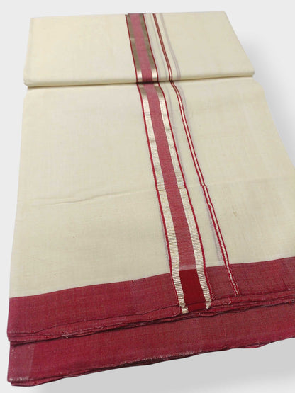 Balaramapuram Handloom Double Mundu Pure Cotton with Red Design
