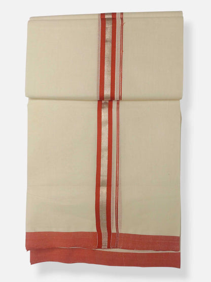 Balaramapuram Handloom Double Mundu Pure Cotton with Orange Border