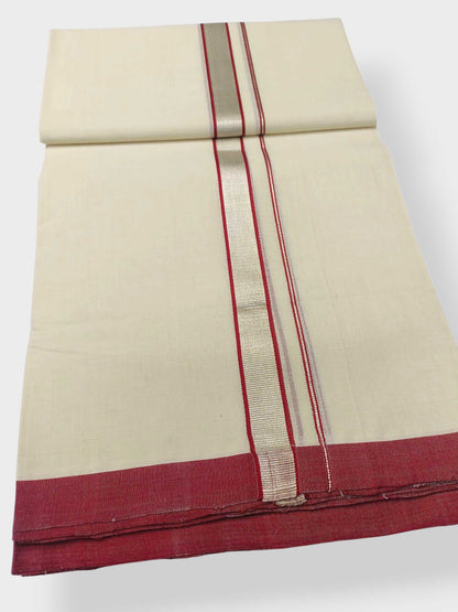 Balaramapuram Handloom Double Mundu Pure Cotton with Red Design