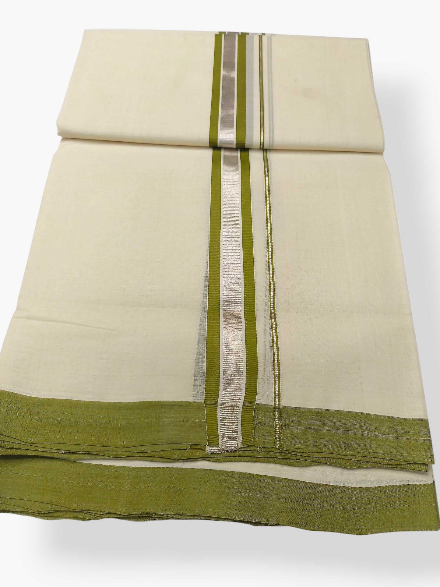 Balaramapuram Handloom Double Mundu Pure Cotton with Green Design
