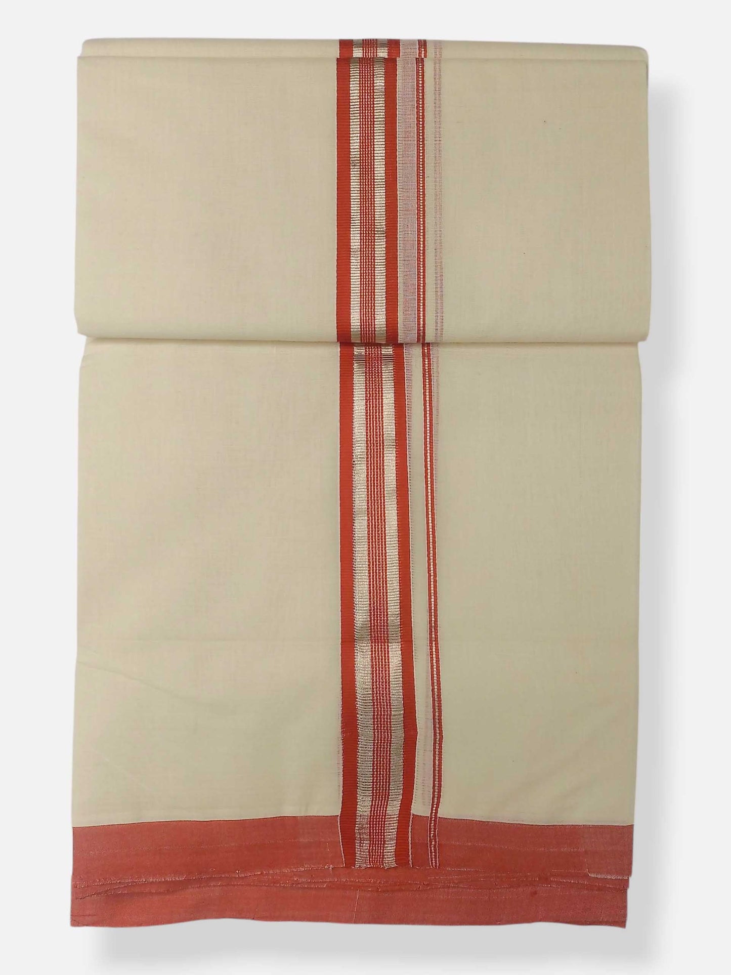 Balaramapuram Handloom Double Mundu Pure Cotton with Orange Border
