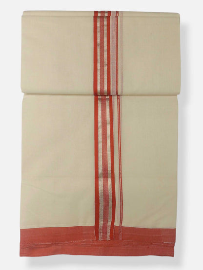 Balaramapuram Handloom Double Mundu Pure Cotton with Orange Border