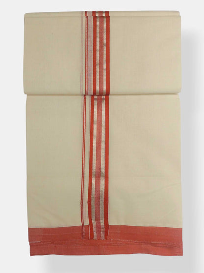 Balaramapuram Handloom Double Mundu Pure Cotton with Orange Border