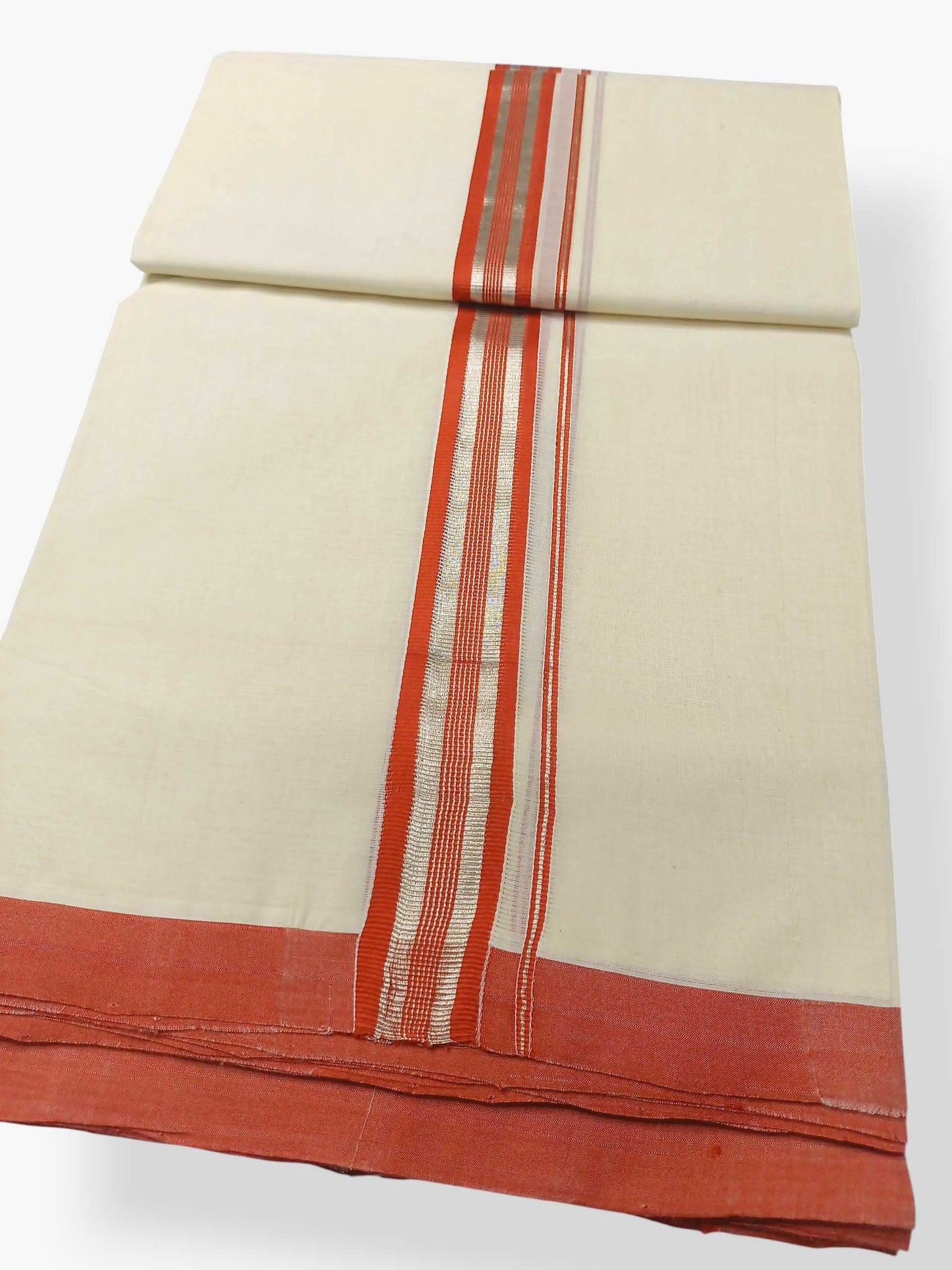 Balaramapuram Handloom Double Mundu Pure Cotton with Orange Border