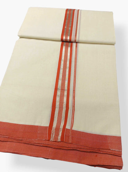 Balaramapuram Handloom Double Mundu Pure Cotton with Orange Border